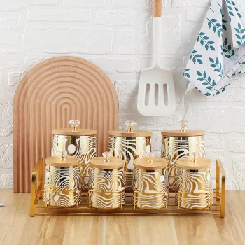 Stylish Ceramic Jars with Wooden Lids + Metal Rack